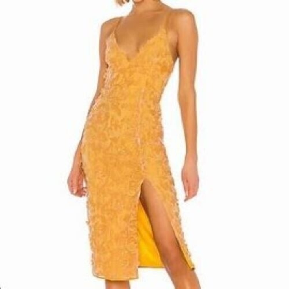 Mustard Yellow Spaghetti Strap Midi Dress with Side Slit